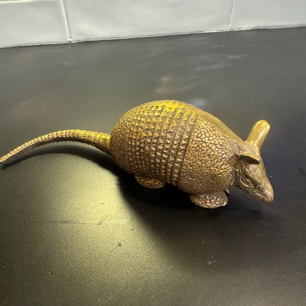 Vintage Armadillo Figurine Brass Gold 7.5 Inch Textured Southwestern Decor